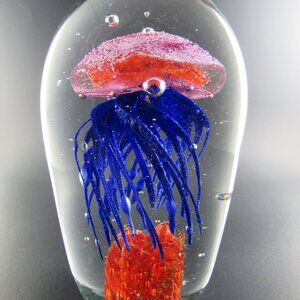 Art Glass Jelly Fish Jellyfish Blue/Red Paperweight Sculpture